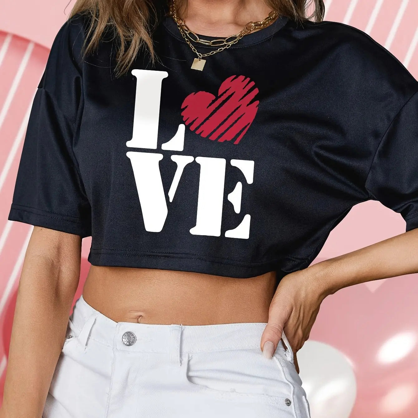 Valentines Graphic Print Cropped Crew Neck Top - Soft Slight Stretch Polyester Fabric Short Length Semi-Sheer Casual Fashion