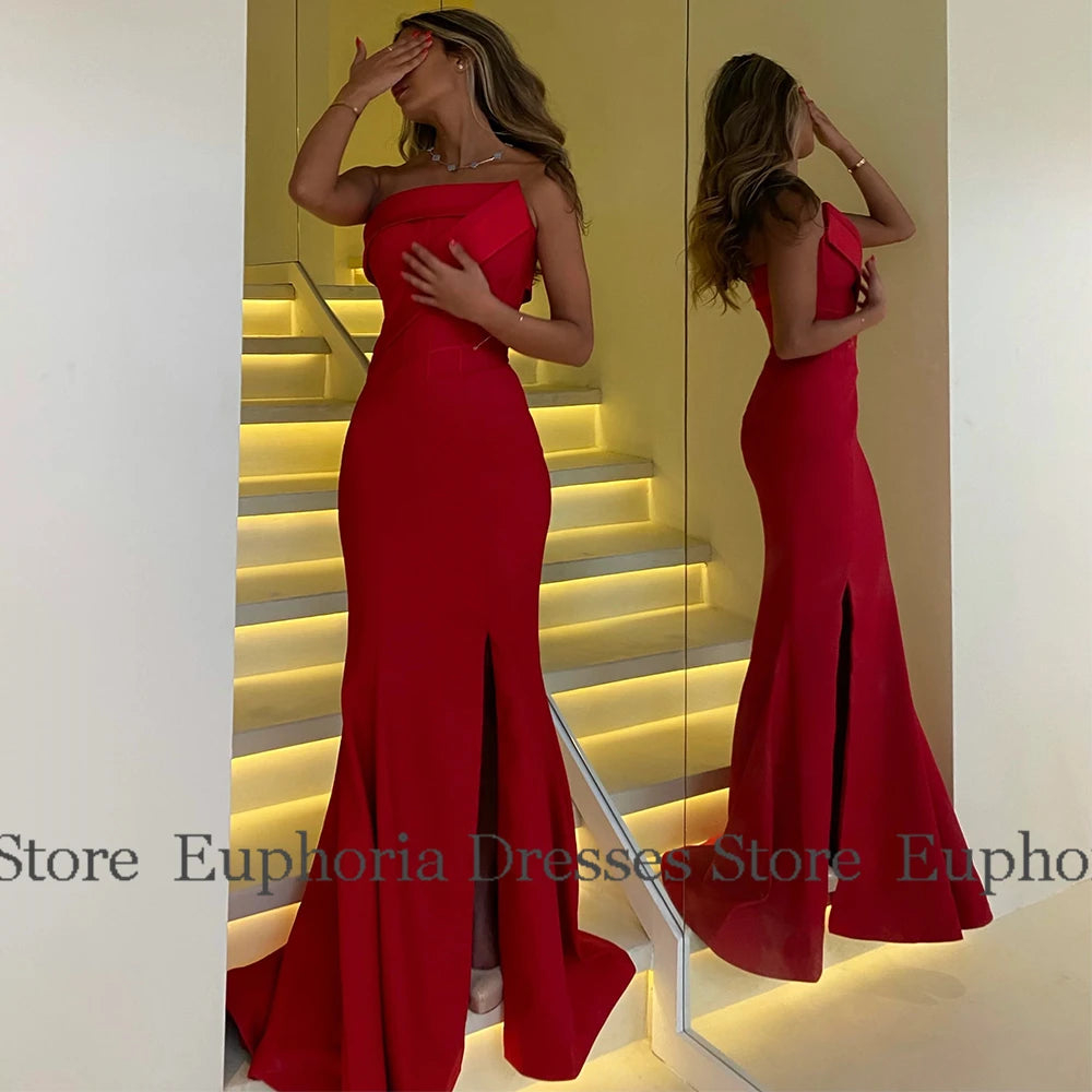 Red Women's Evening Dresses Jersey Mermaid/Trumpet Prom Gown Strapless Ruched Side Split Party Dress Long 2025