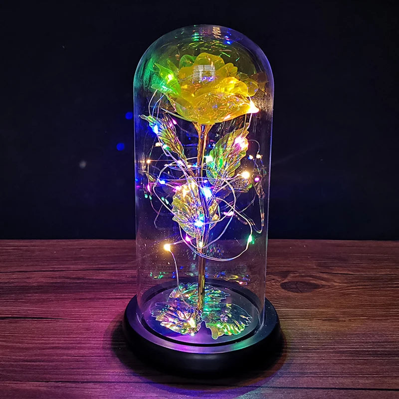 Colorful Roses Artificial Flower Led Lamp Glass Cover Rose Decoration Valentine's Day Flower Gift