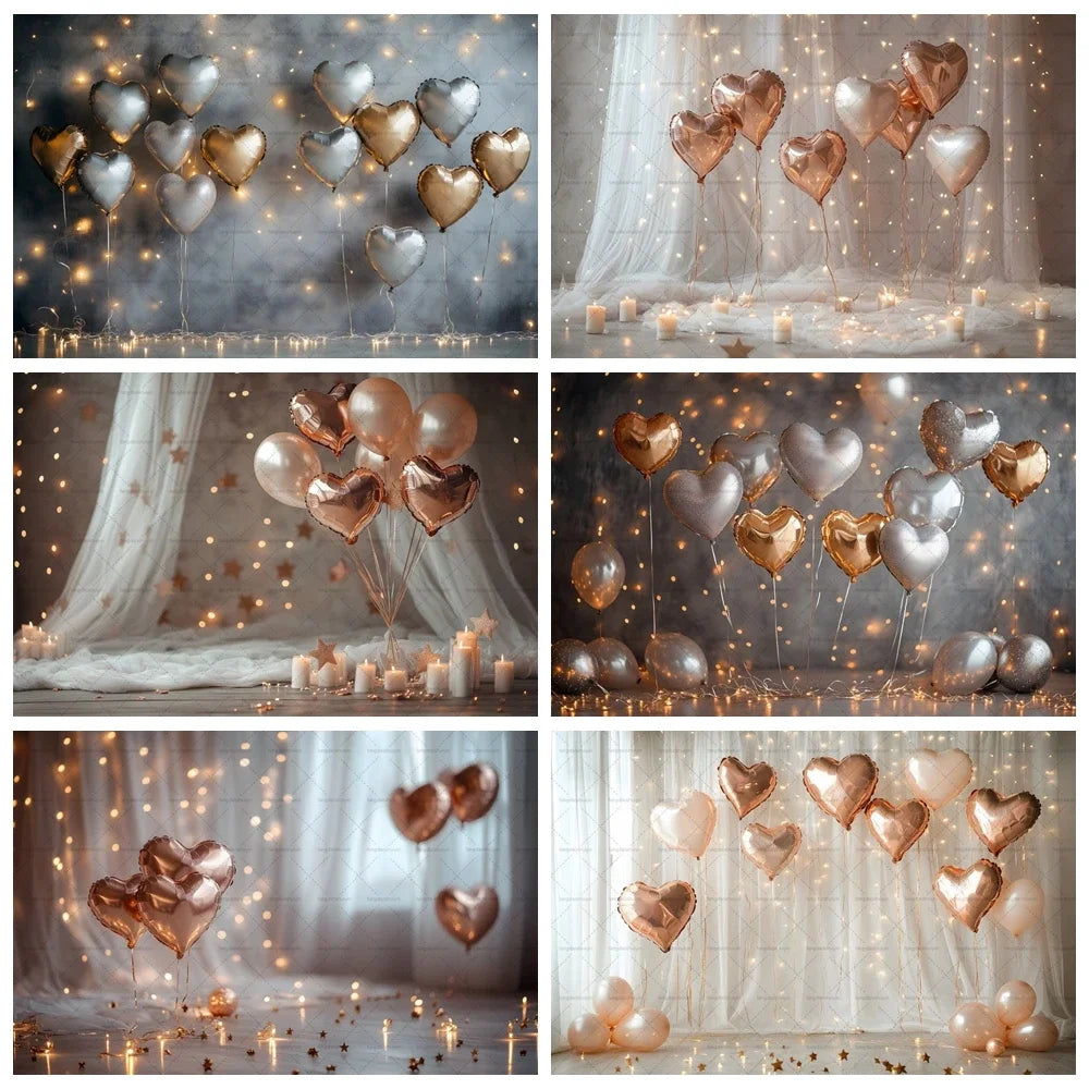 Valentine's Day Backdrops February 14 Glitter Light Bokeh Love Heart Balloons Valentine Portrait Photography Background Banner