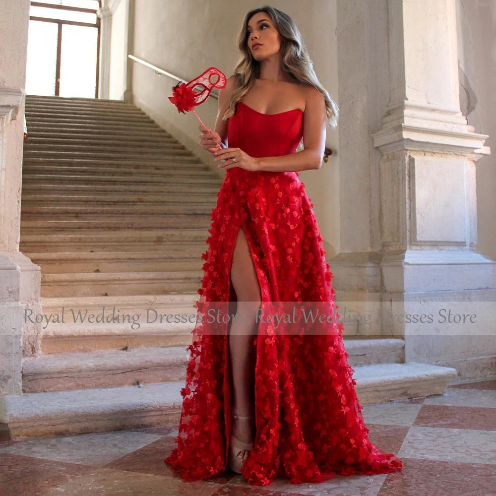 Women's Prom Dresses Red Lace Flowers V Neck Backless Sexy Prom Gowns Long Side Slit A Line Sleeveless Luxury Formal Party Dress