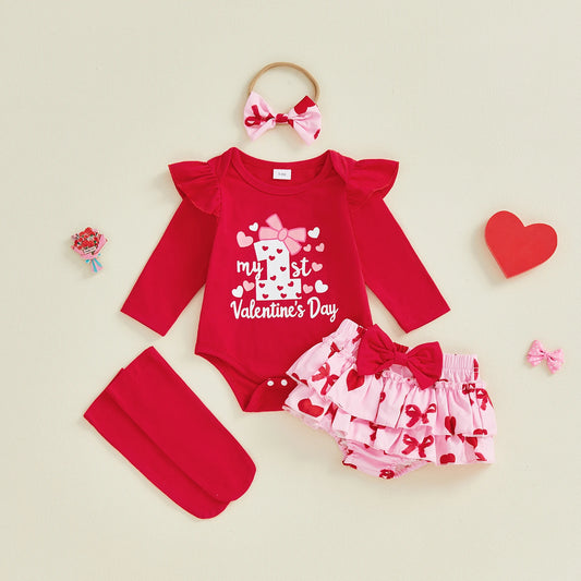 Infant Baby Girl Valentines Day Outfit Fashion Long Sleeve Letters Heart Printed Romper with Ruffle Skort Headband and Stockings