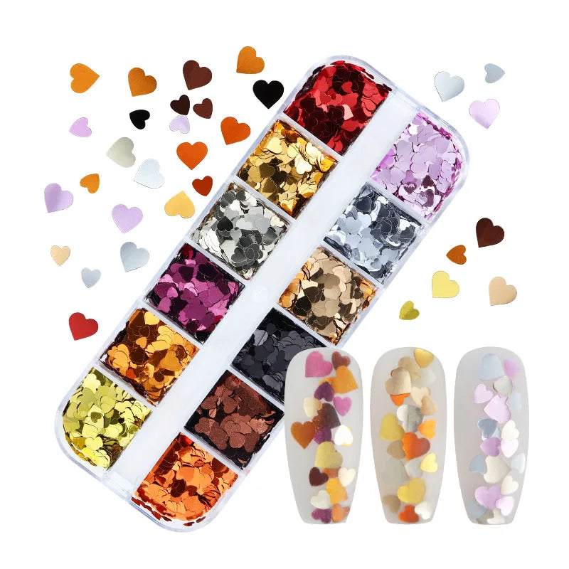 Valentines Day Nail Art Metallic Love Hearts Sequins Romantic Nail Charms Gold Heart Glitter Flakes French Manicure Accessories