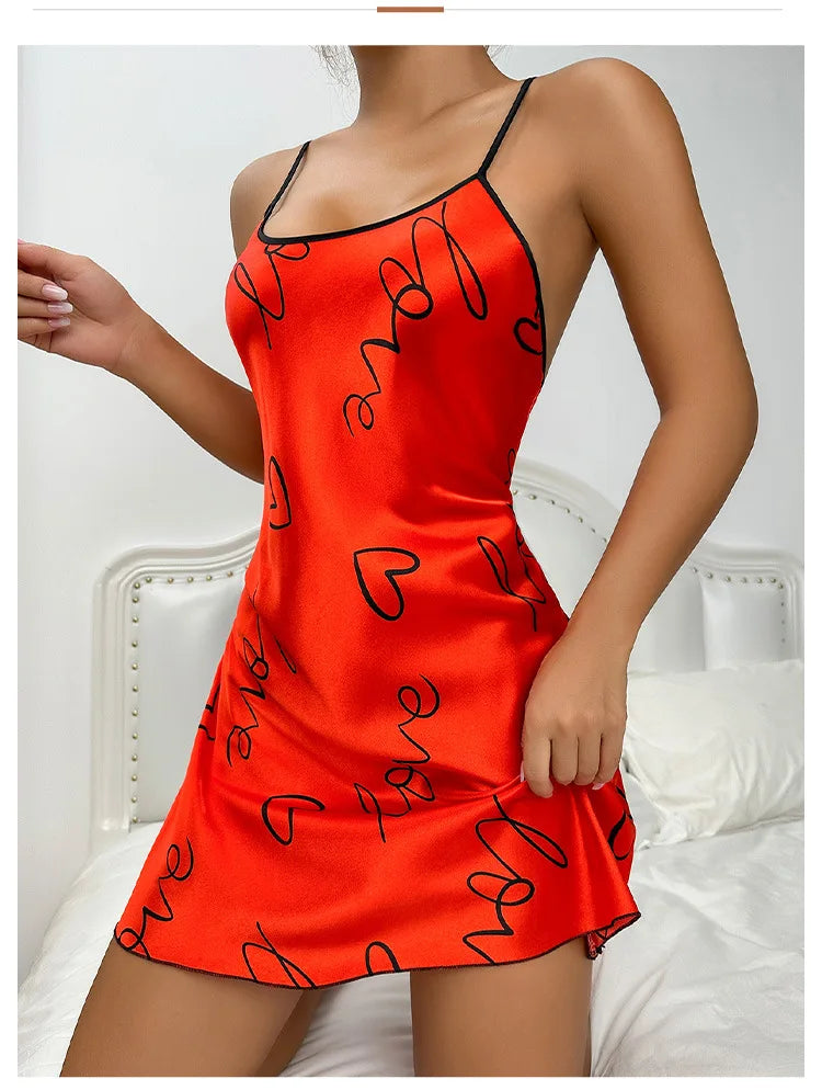 Valentine's Day Ice Silk Pajama Skirt Sleeveless Short Skirt with Suspender Skirt Sexy Pajama Women's Thin Printed Home Clothing