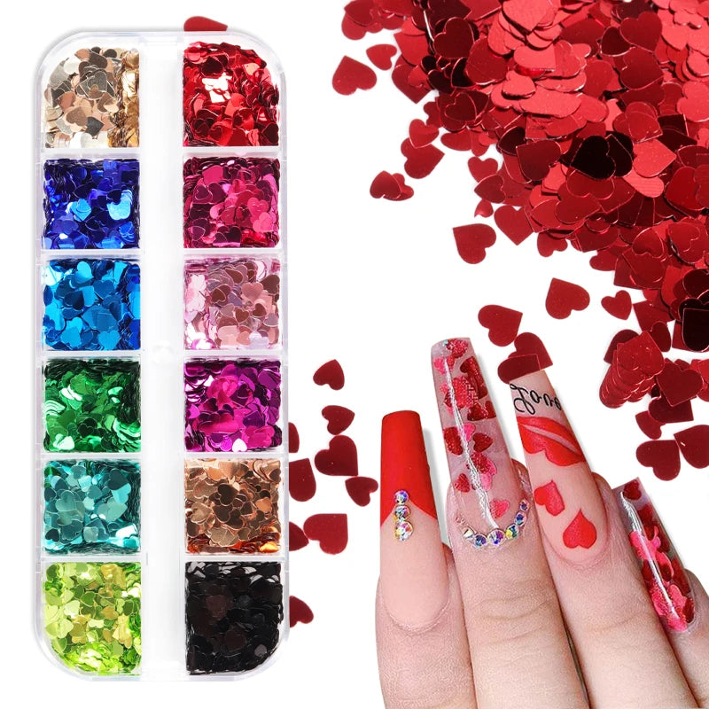 Valentines Day Nail Art Metallic Love Hearts Sequins Romantic Nail Charms Gold Heart Glitter Flakes French Manicure Accessories