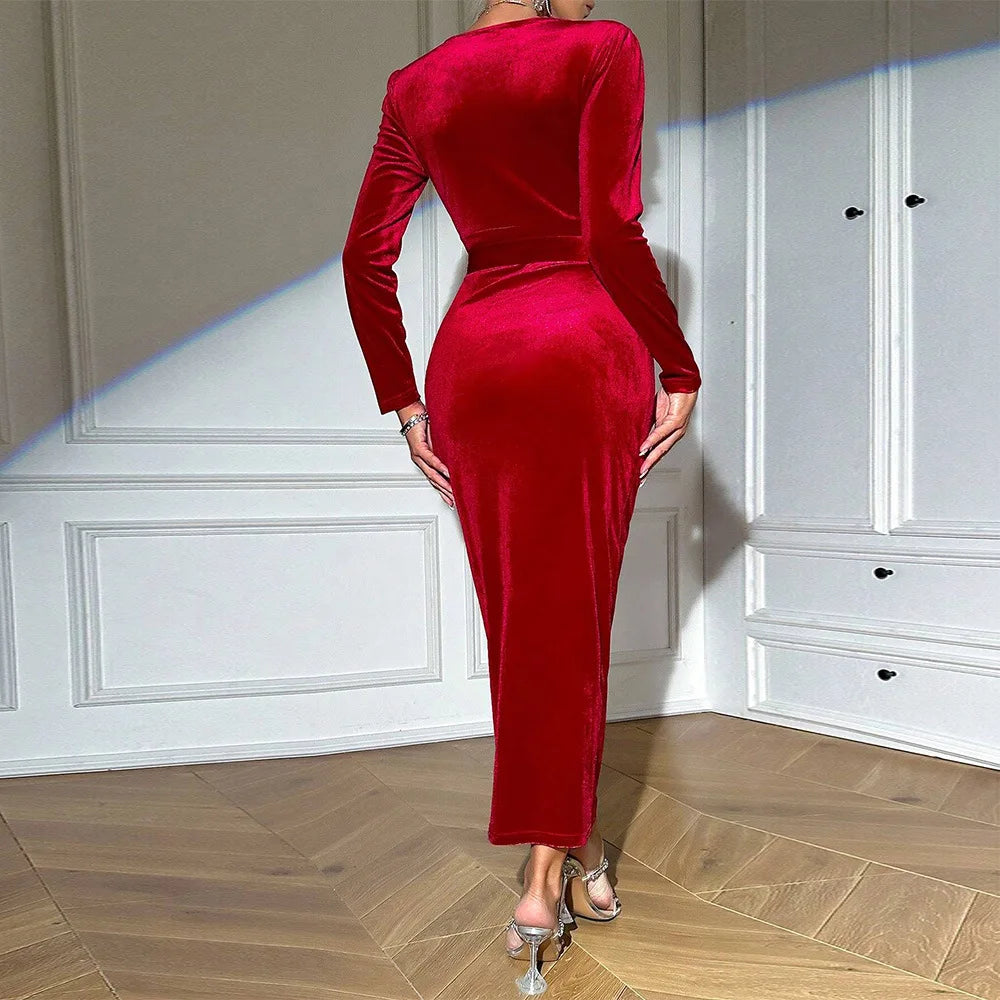 2025 Red Dress Autumn and Winter V-neck Elegant Dress Velvet Mid-length Dress