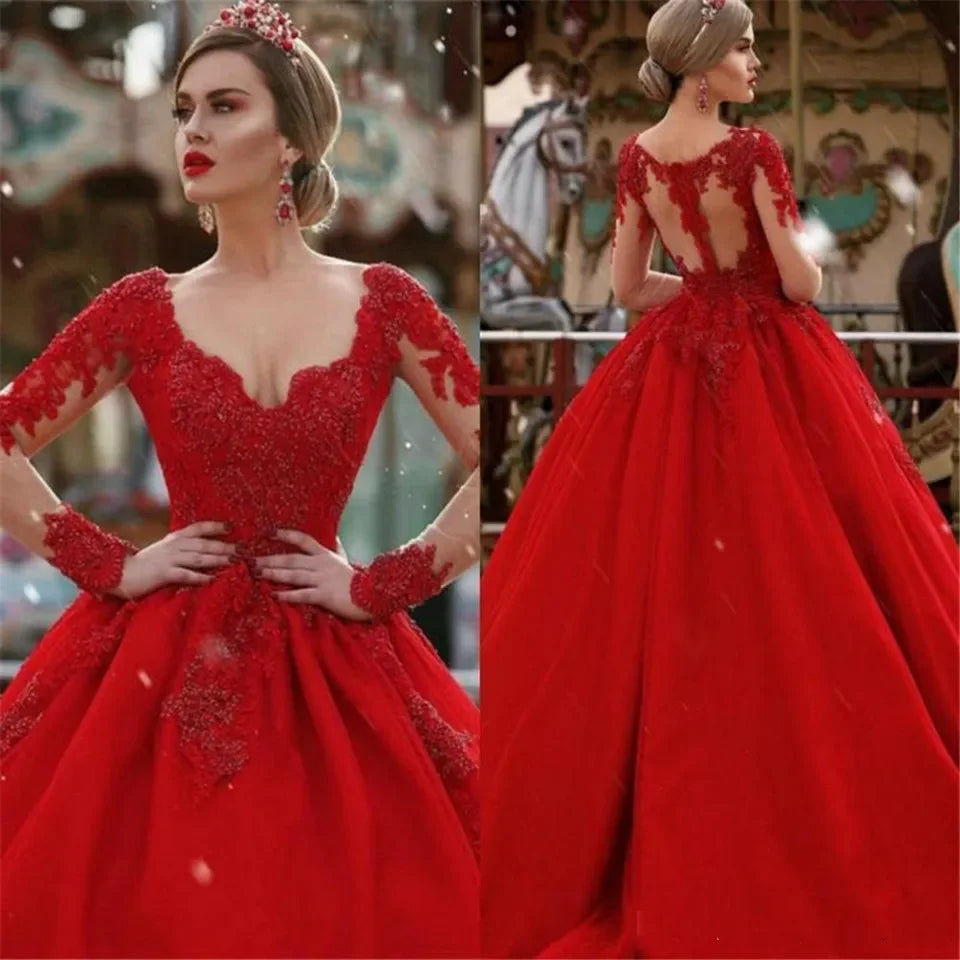New Red Ball Gown Formal Evening Dresses  Women Elegant Robe De Soiree Long Sleeves Satin Lace Appliques Prom Long Maxi Dress