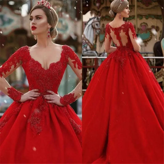 New Red Ball Gown Formal Evening Dresses  Women Elegant Robe De Soiree Long Sleeves Satin Lace Appliques Prom Long Maxi Dress
