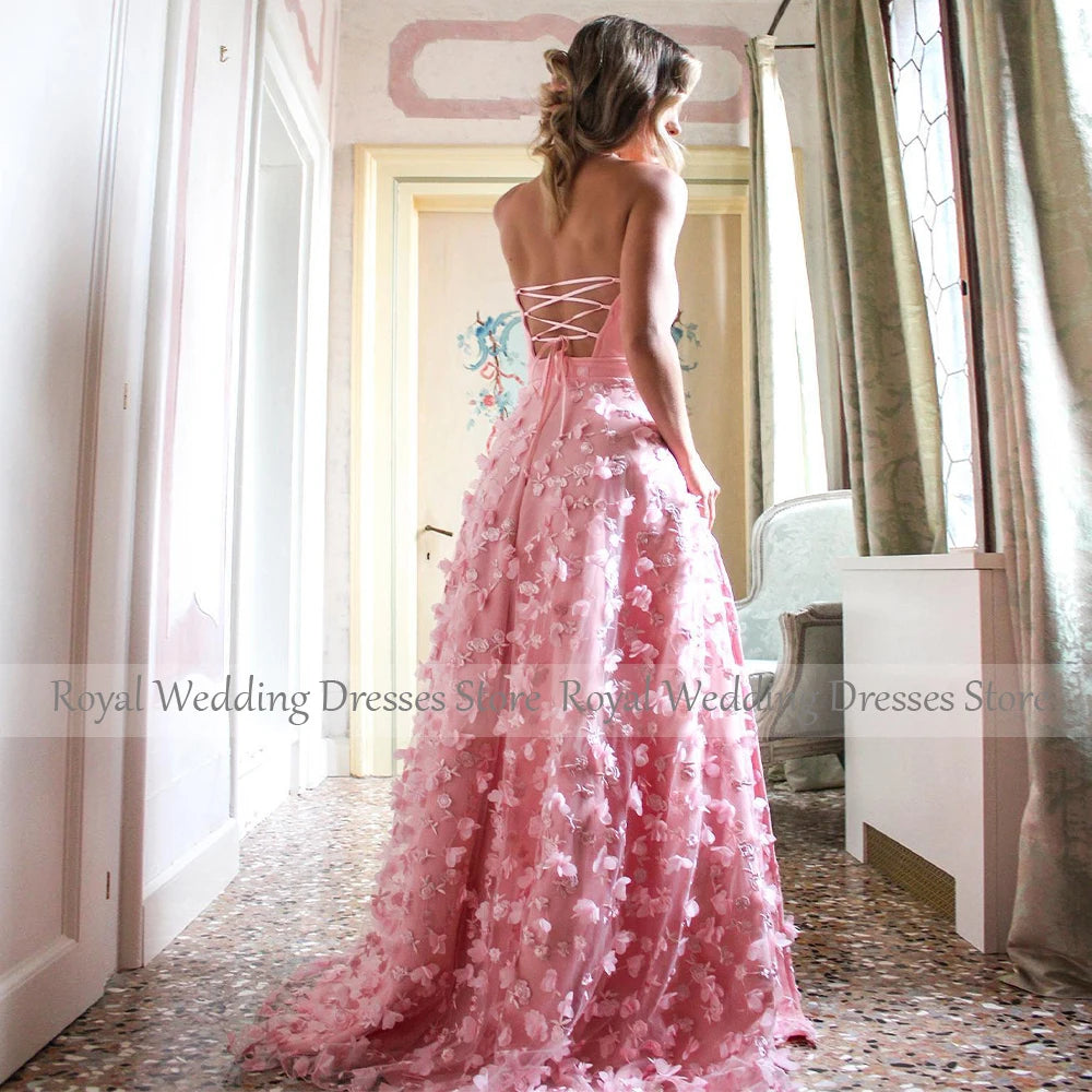 Women's Prom Dresses Red Lace Flowers V Neck Backless Sexy Prom Gowns Long Side Slit A Line Sleeveless Luxury Formal Party Dress