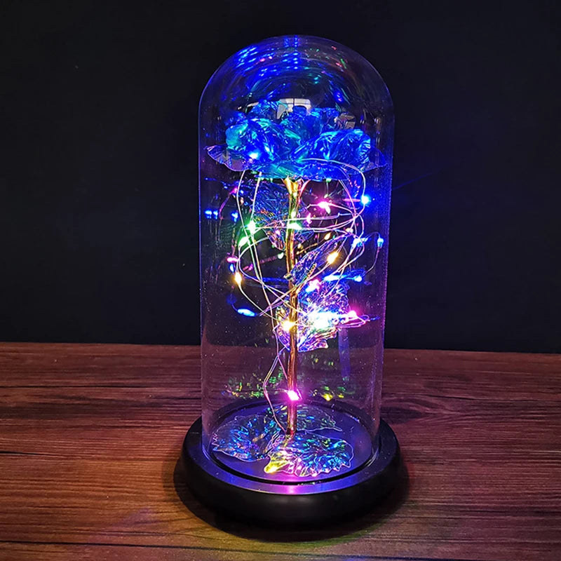 Colorful Roses Artificial Flower Led Lamp Glass Cover Rose Decoration Valentine's Day Flower Gift