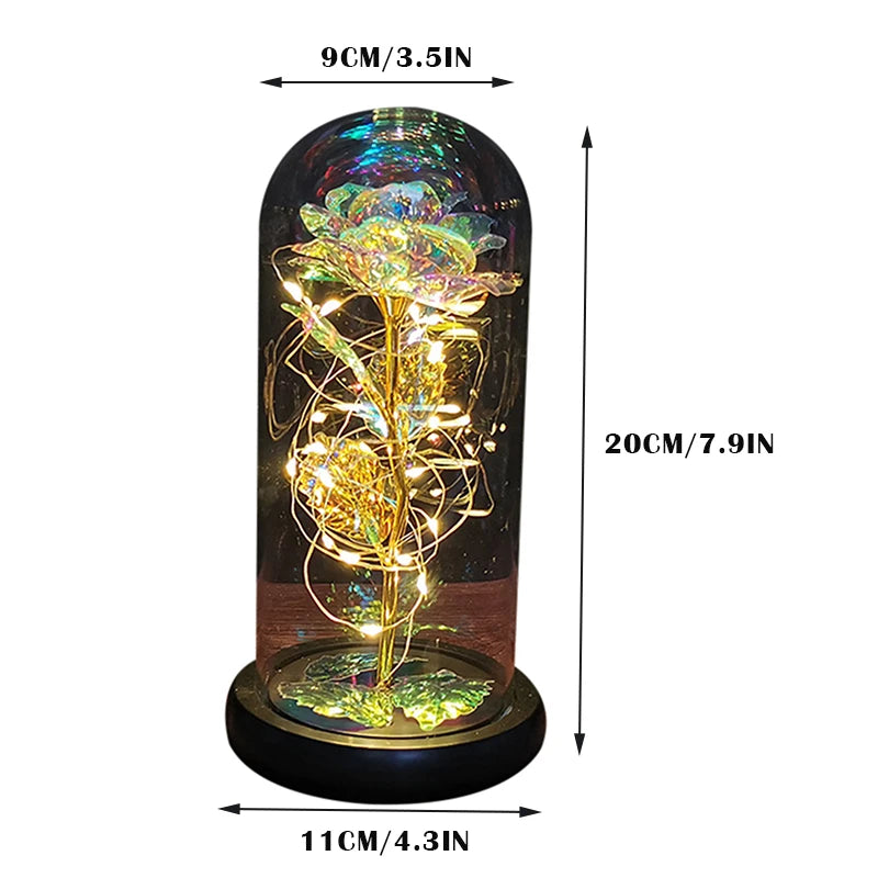 Colorful Roses Artificial Flower Led Lamp Glass Cover Rose Decoration Valentine's Day Flower Gift