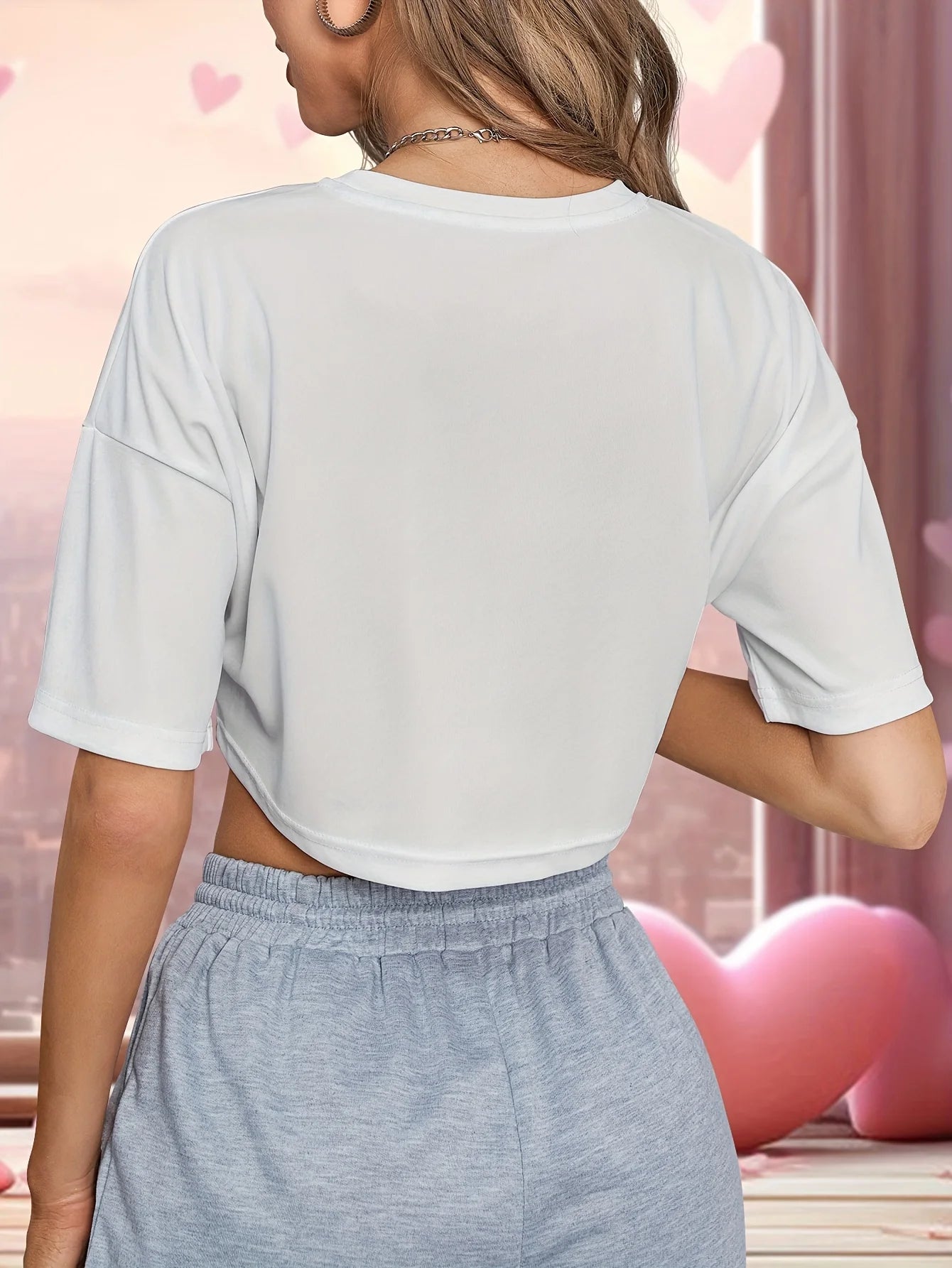 Valentines  Graphic Print Cropped Crew Neck Top - Soft Slight Stretch Polyester Fabric Short Length Semi-Sheer Casual Fashion