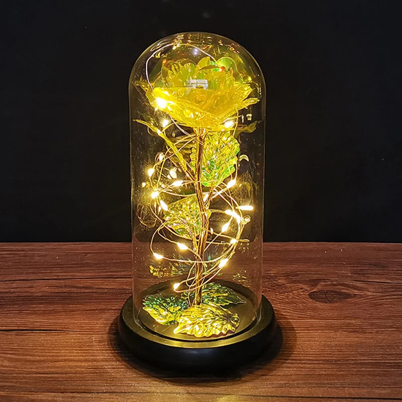 Colorful Roses Artificial Flower Led Lamp Glass Cover Rose Decoration Valentine's Day Flower Gift