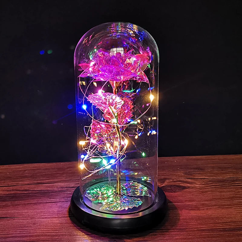 Colorful Roses Artificial Flower Led Lamp Glass Cover Rose Decoration Valentine's Day Flower Gift