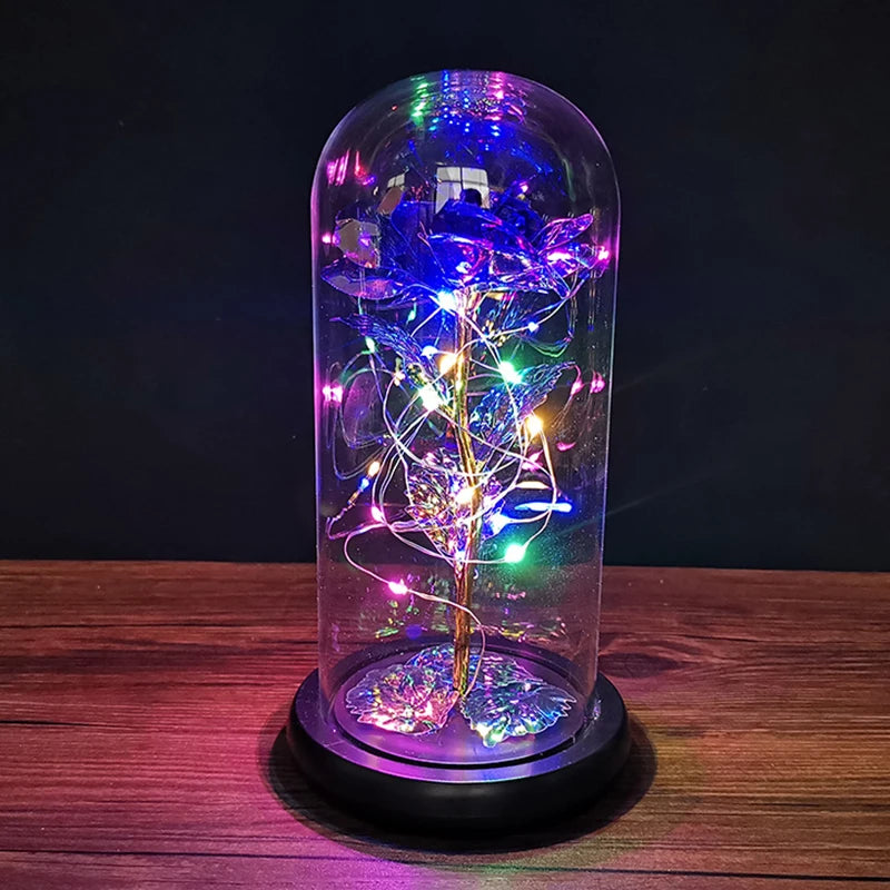 Colorful Roses Artificial Flower Led Lamp Glass Cover Rose Decoration Valentine's Day Flower Gift