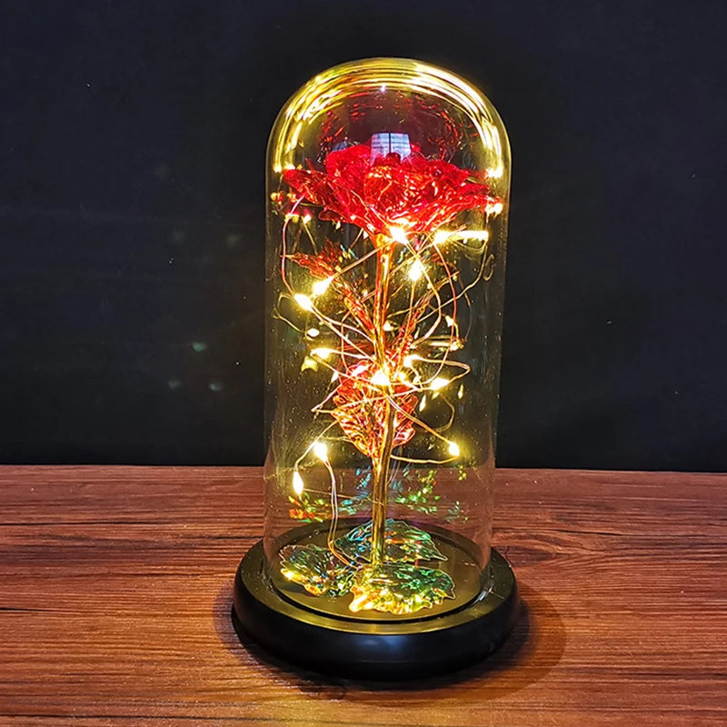 Colorful Roses Artificial Flower Led Lamp Glass Cover Rose Decoration Valentine's Day Flower Gift