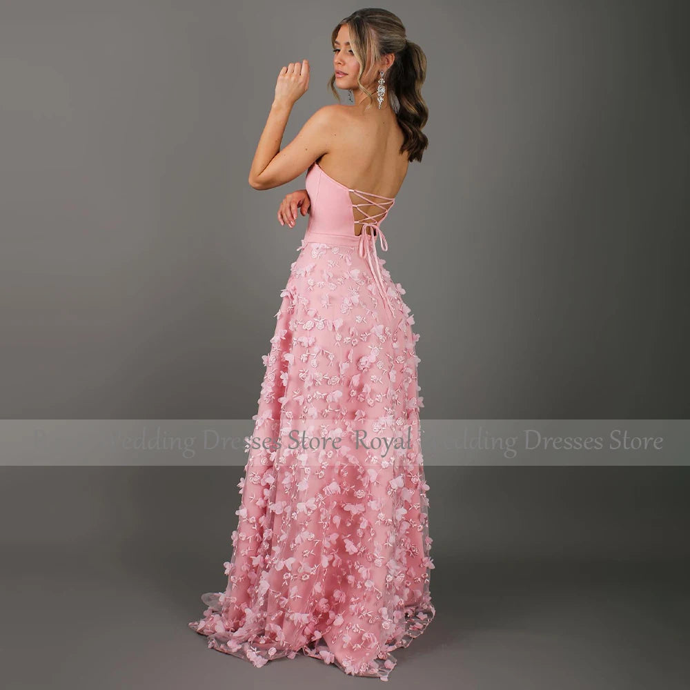 Women's Prom Dresses Red Lace Flowers V Neck Backless Sexy Prom Gowns Long Side Slit A Line Sleeveless Luxury Formal Party Dress