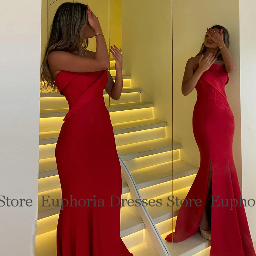 Red Women's Evening Dresses Jersey Mermaid/Trumpet Prom Gown Strapless Ruched Side Split Party Dress Long 2025