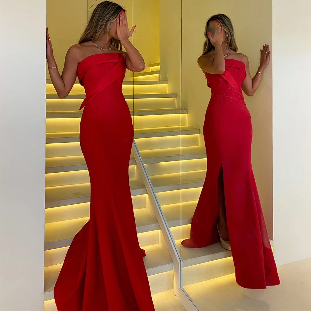 Red Women's Evening Dresses Jersey Mermaid/Trumpet Prom Gown Strapless Ruched Side Split Party Dress Long 2025