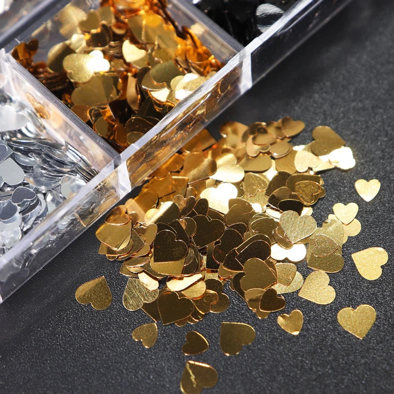 Valentines Day Nail Art Metallic Love Hearts Sequins Romantic Nail Charms Gold Heart Glitter Flakes French Manicure Accessories