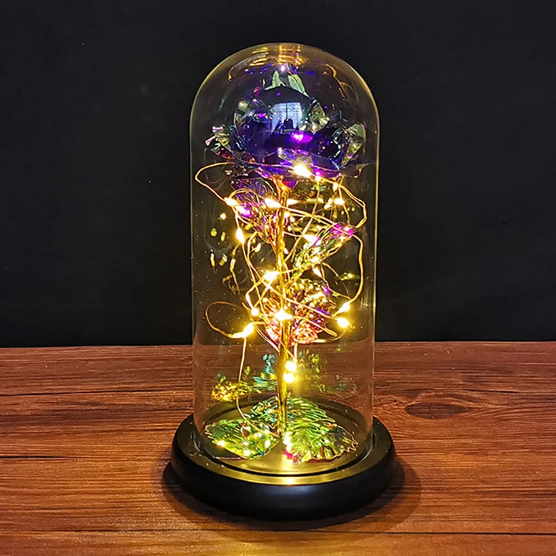 Colorful Roses Artificial Flower Led Lamp Glass Cover Rose Decoration Valentine's Day Flower Gift