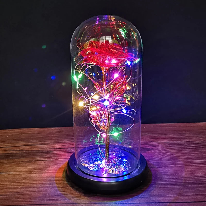 Colorful Roses Artificial Flower Led Lamp Glass Cover Rose Decoration Valentine's Day Flower Gift