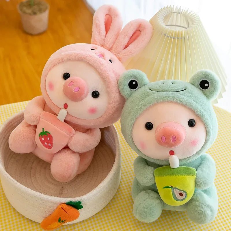 Cute Milk Tea Pig Plush Toy - Cartoon Animal Transformation Stuffed Doll, Kawaii Frog Plushie, Soft Hugging Pillow Gift