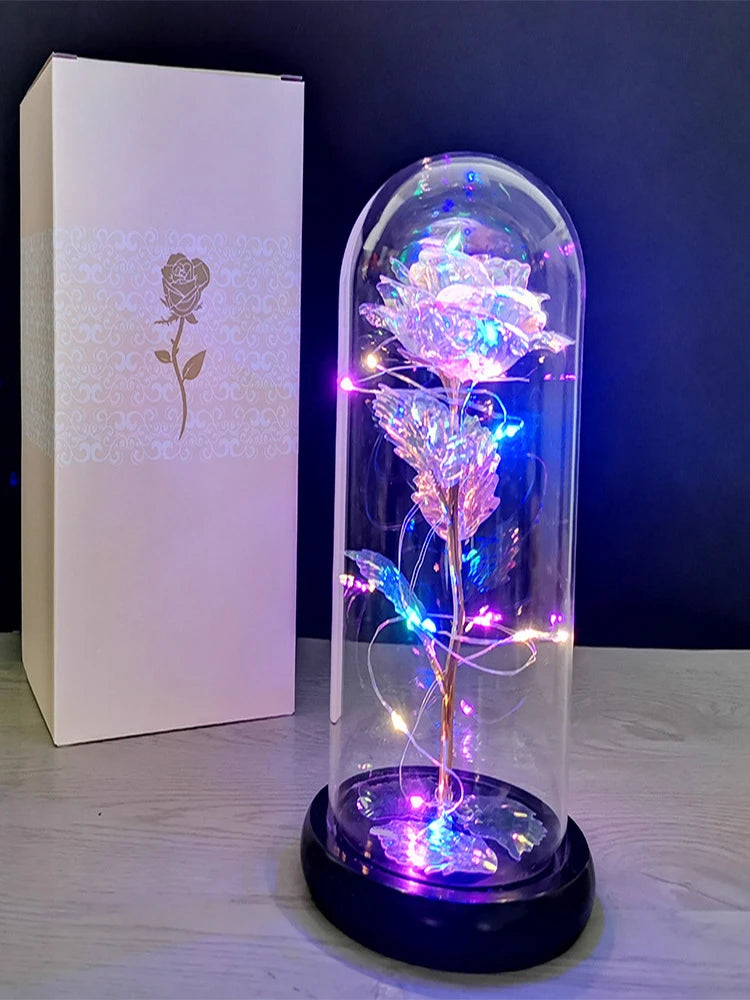 Colorful Roses Artificial Flower Led Lamp Glass Cover Rose Decoration Valentine's Day Flower Gift