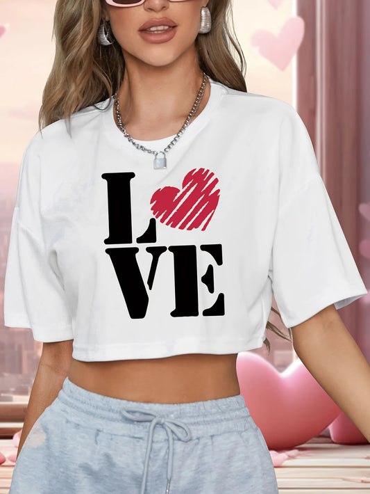 Valentines  Graphic Print Cropped Crew Neck Top - Soft Slight Stretch Polyester Fabric Short Length Semi-Sheer Casual Fashion