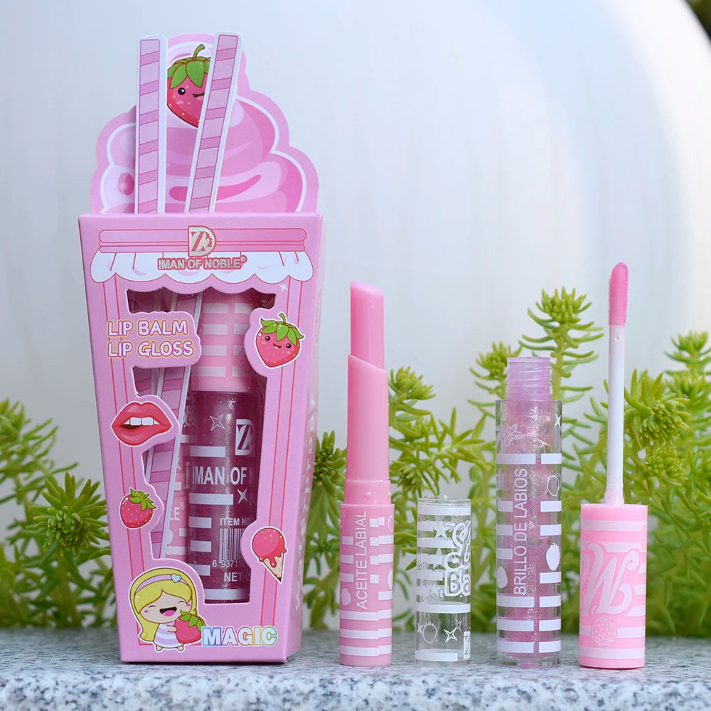 Cute Ice Cream Shiny Lip Gloss Lip Balm Set Girls Woman Waterproof Longlasting Natural Moisturizing Lips Makeup