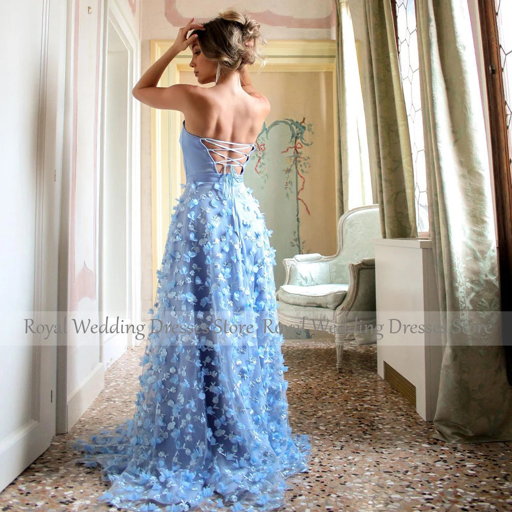 Women's Prom Dresses Red Lace Flowers V Neck Backless Sexy Prom Gowns Long Side Slit A Line Sleeveless Luxury Formal Party Dress