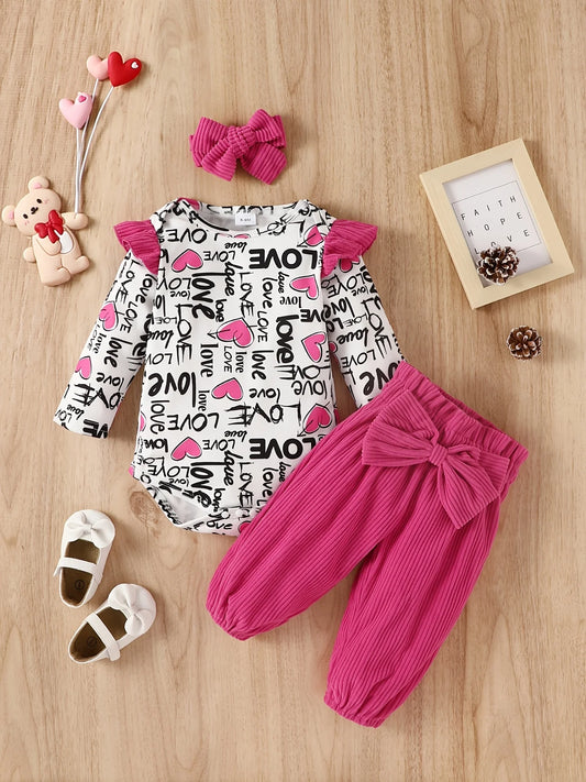 Valentine's Day baby girl's letter-print top, ribbed solid-color pants, paired with a bow, elastic and comfortable.