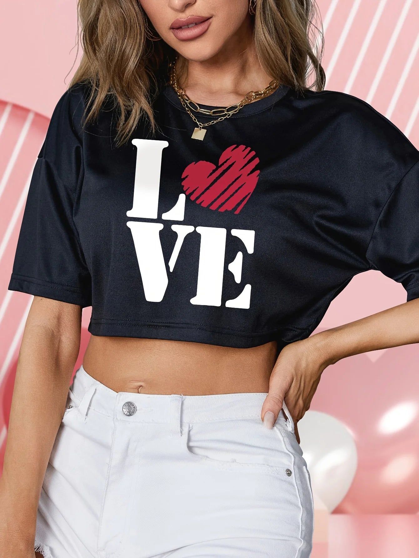 Valentines  Graphic Print Cropped Crew Neck Top - Soft Slight Stretch Polyester Fabric Short Length Semi-Sheer Casual Fashion