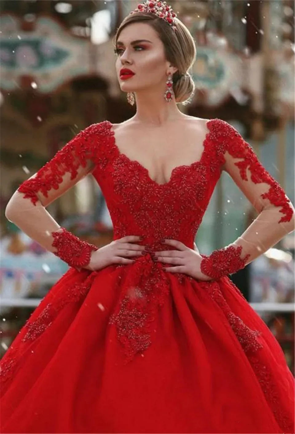 New Red Ball Gown Formal Evening Dresses  Women Elegant Robe De Soiree Long Sleeves Satin Lace Appliques Prom Long Maxi Dress