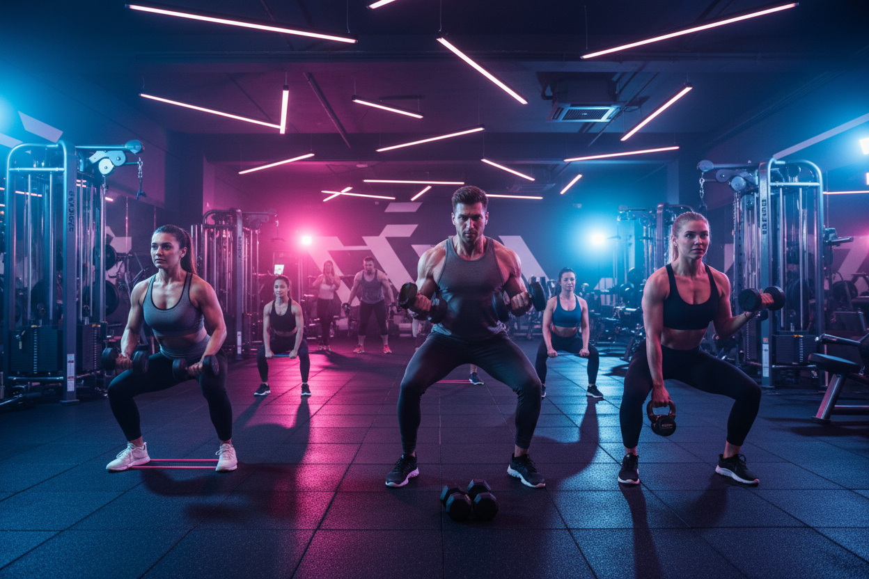 men and women working out with equipment. Give it a pink and blue tone. 