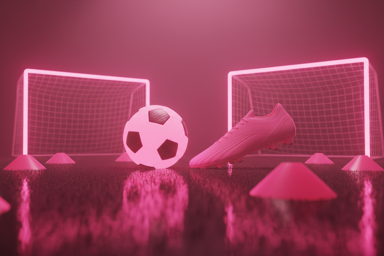 soccer ball, shoes, cones, and goals. Have a pink tone. 