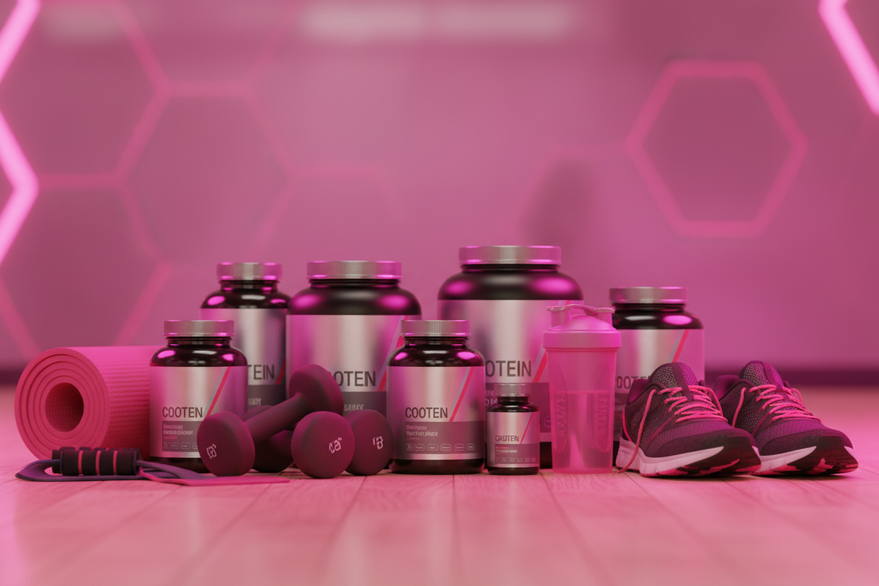 Supplements with men and women working out. Give it a pink tone. 
